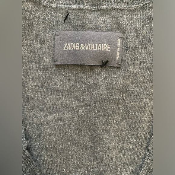 Zadig & Voltaire Happy M Wings V Neck Sweater Dark Gray Cashmere Size S NWOT - Picture 8 of 9